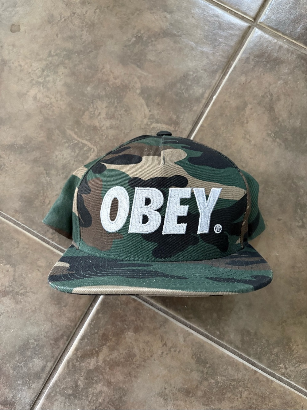 Obey Green Camo Strapback Hat with White Embroidered Logo